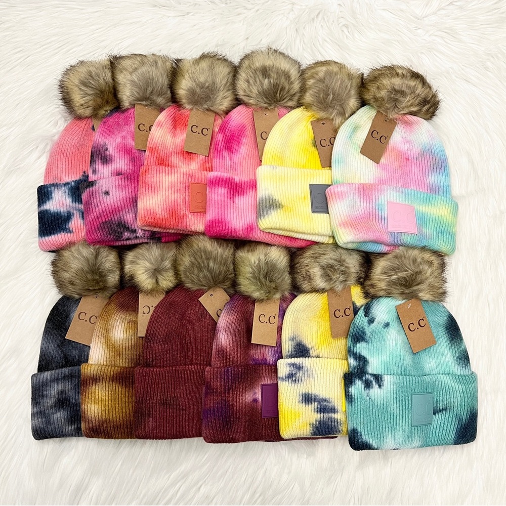 C.C Beanies Tie-Dye Cuffed Pom Beanie for Adults, Winter Hats, Premium Hats